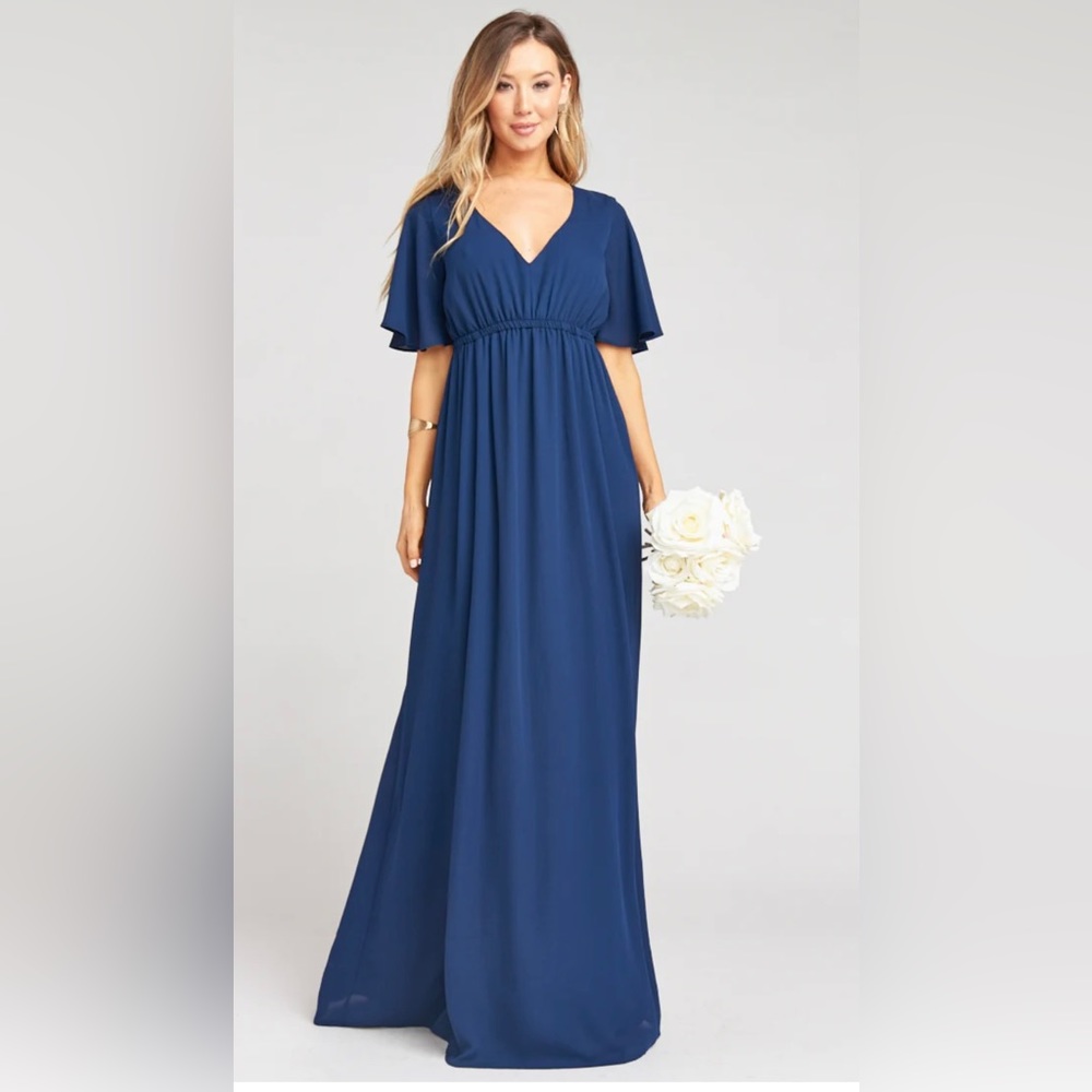 Show Me Your Mumu Emily Empire Maxi Dress in Rich Navy Crisp